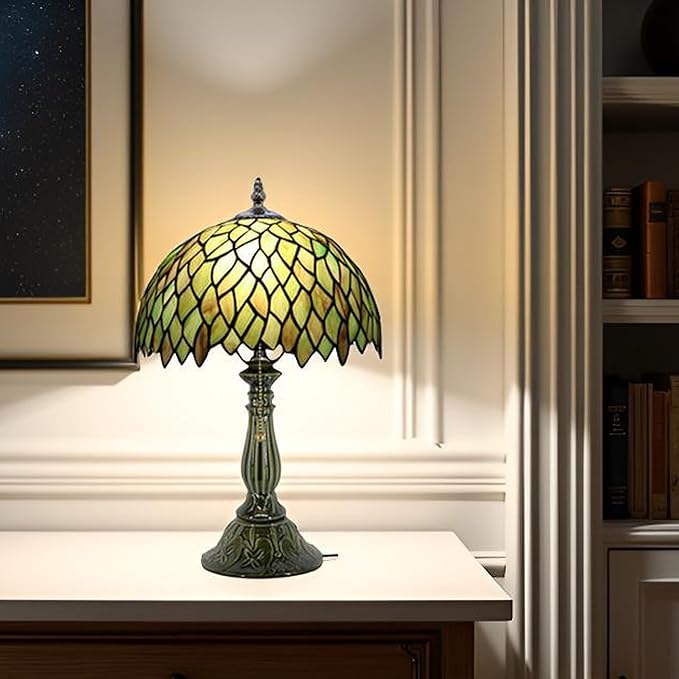 Tiffany Lamp Stained Glass Table Lamps Brownish Green Leafage Style Desk Lamp 12X12X18.5 Inch Bronze Ceramic Base Reading Light Suitable for Bedside Bedroom Living Room Dining Room Office