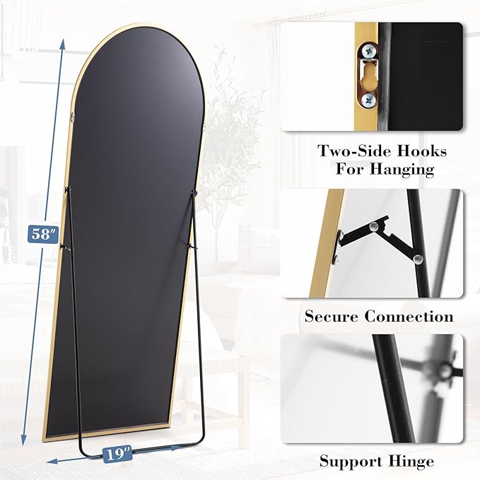 DUMOS Arched Full Length Mirror with Stand Floor Standing Aluminum Frame for Bedroom Body Hanging Leaning Modern Simple Home Decor Shatter-Proorf Nano Glass Wall Living Room Cloakroom Gold 58"x19"