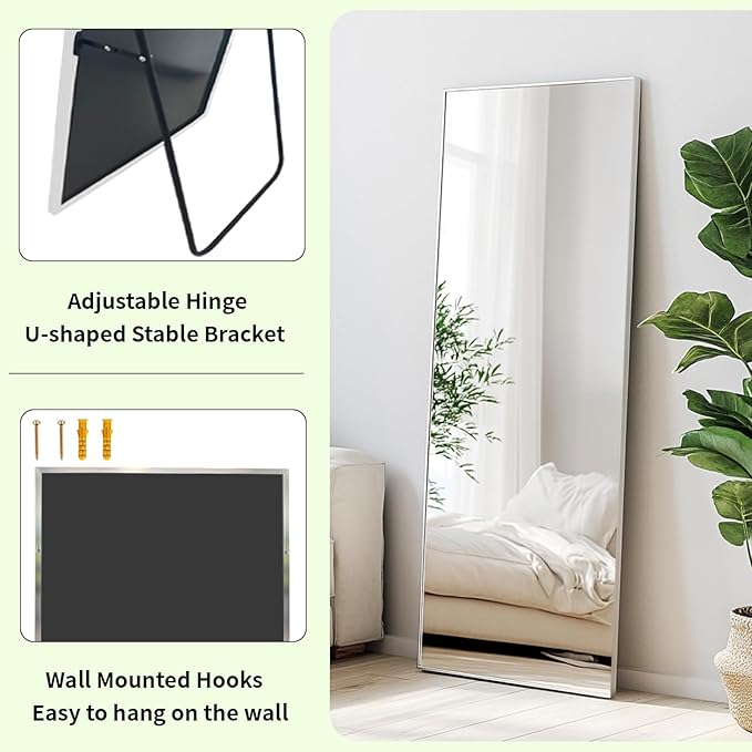 Standing Mirror Full Length, Floor Length Mirror with Aluminum Metal Frame, Body Mirrors for Bedroom, Living Room, Entryway, Bathroom. (56x18 inch, Silver)