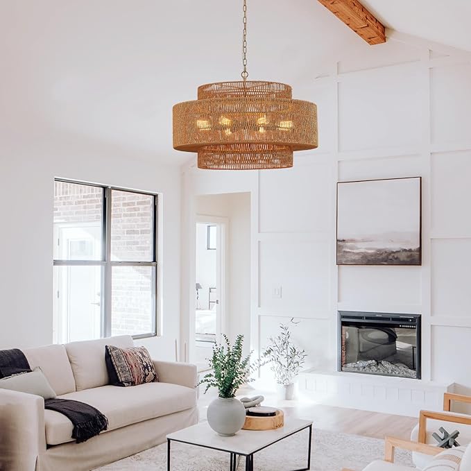 31” Large Rattan Chandelier Light Fixture 8-Light Vintage Farmhouse Hand-Woven Boho Bamboo Rattan Chandelier 3-Tier Drum Wicker Gold Chandeliers for Dining Room, Kitchen, Living Room