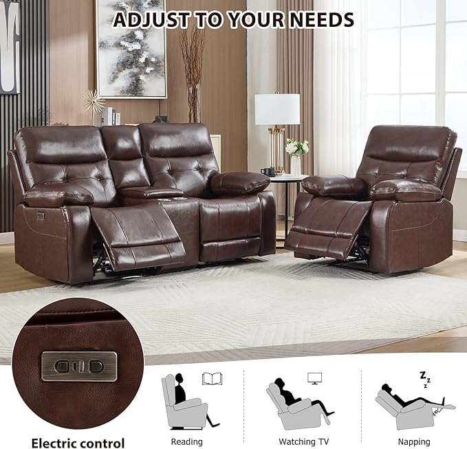 CANMOV Genuine Leather Power Recliner Sofa Set, Two Power Recliner Chair and Loveseat Set, 3 Pieces Leather Couch with Storage Console, USB Ports, Cup Holders for Living Room,Dark Brown