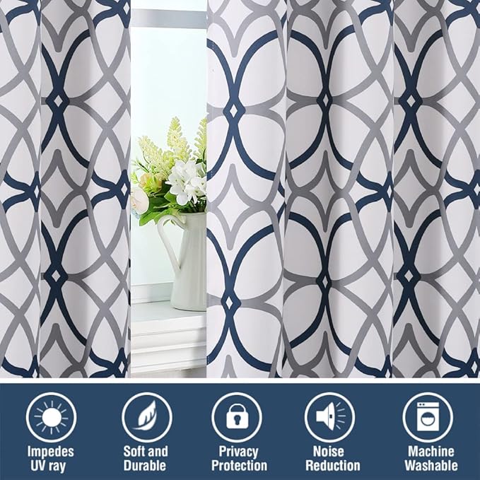 H.VERSAILTEX Blackout Curtains Printed Design for Bedroom 84 Inch Length 2 Panels Set Thermal Insulated Curtains Living Room Geometric Modern Grommet Window Drapes - Dark Denim and Grey