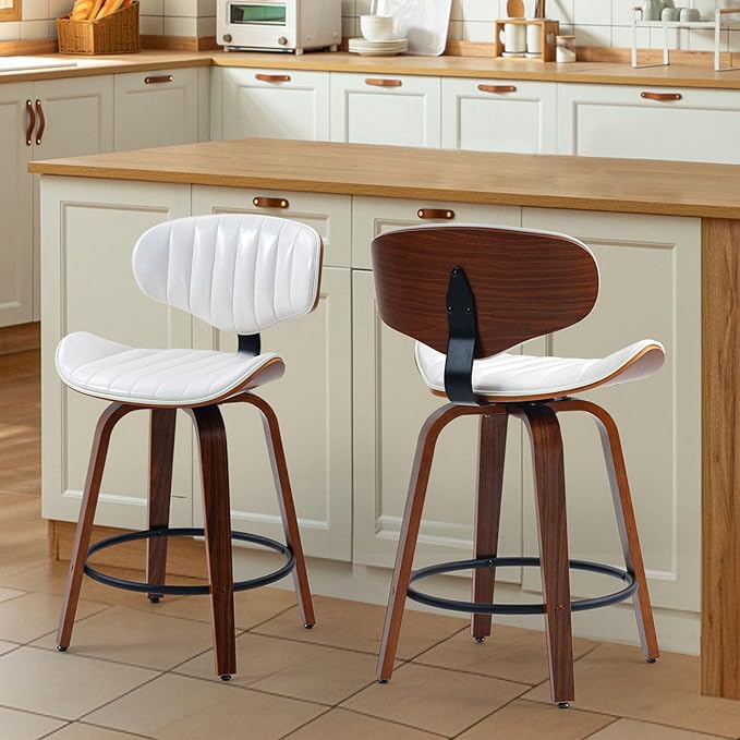Counter Height Bar Stools Set of 3, 24 inch PU Leather Wooden Bentwood Barstools Swivel Modern Breakfast Bar Chairs with Backrest and Footrest for Kitchen Island, Dining Room D035-White-3