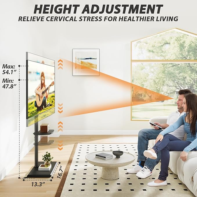 TVON Floor TV Stand with Shelf, TV Mount Stand for 32-60 inch TVs up to 88 lbs, Swivel TV Stand Mount with Height Adjustment and Safety Wood Base for Office, Corner, Max VESA 400x400mm