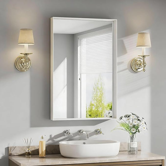 16x24 inch White Bathroom Mirrors for Over Sink, Small Bathroom Vanity Mirror, Aluminum Framed Mirror, Tempered Glass, Decorative Wall Mirror(Horizontal/Vertical)