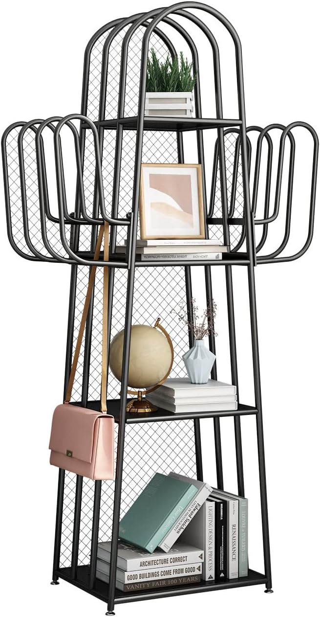 DOORXIF 4-Tier Industrial Bookshelf Freestanding, Cactus Bookcase Storage Organizer Closet Corner Metal Display Cabinet, Corner Black Bookshelf for Small Spaces, Industrial Bookcase for Bedroom Office