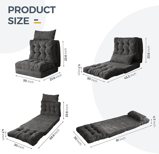 MAXYOYO Folding Sofa Bed, Tufted Bean Bag Bed with Pillows Floor Mattress for Adults, Extra Thick and Long Floor Sofa, Single Couch for Bedroom Living Room, Dark Grey, 30x91 Inch