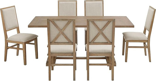 Crosley Furniture Joanna 7-Piece Modern Farmhouse Dining Table Set for 6 with Upholstered Chairs, Rustic Brown/Creme