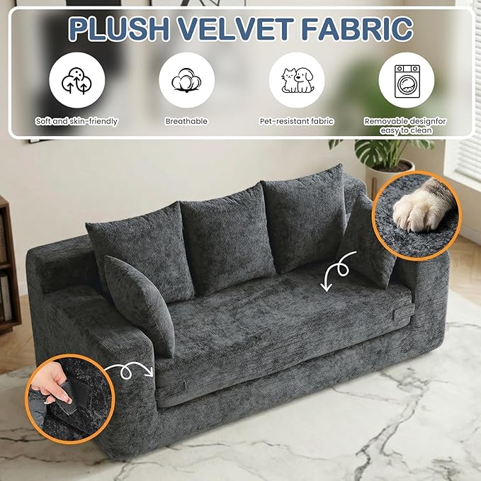 Boneless Couches 70", 3 Seater Boneless Couch with Pull Out Sofa Bed, Gray Boneless Couch with 5 Pillows, Plush Velvet Sofa for Living Room & Bedroom