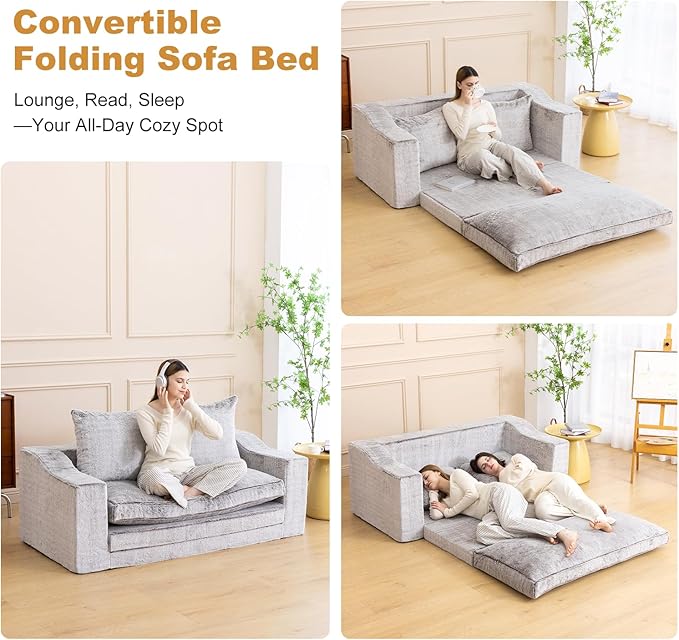 61" Convertible Sofa Bed Loveseat, Memory Foam Boneless Floor Couch with Removable Faux Fur Cover, Tri-folding Compact Full-size Sleeper for Small Living Room, Playroom, Guest Room, RV (White-Coffee) | Convertible Sofa Bed, Premium Memory Foam, Ergonom...