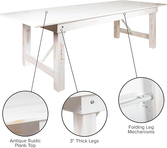 Flash Furniture Hercules Commercial Grade Farmhouse Dining Table | Solid Pine Foldable Table for 10 in Antique Rustic White | Rustic Charm for Home and Events