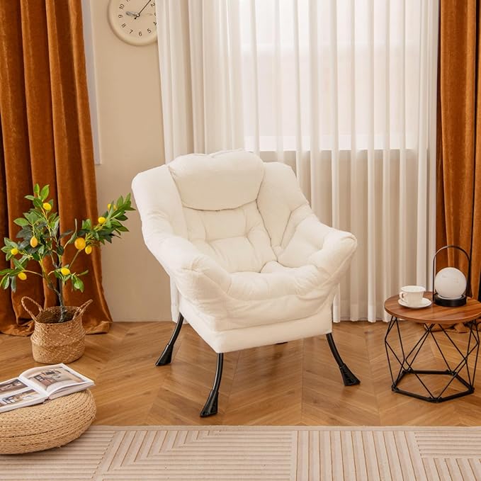 GORELAX Modern Lazy Chair,Upholstered Lounge Accent Chair, Single Leisure Sofa Chair with Armrests & Side Pocket, Comfy Reading Chair for Bedroom, Living Room, Dorm Room (Plush Beige)