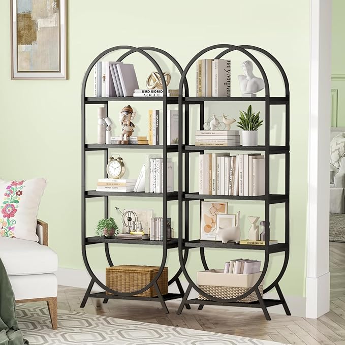 Arched Bookshelf,5-Tier Tall Wide Open Bookshelf,Modern Brown Storage Bookshelves, Freestanding Display Rack Shelving Unit for Office, Bedroom, Living Room, Easy Assembly, Black