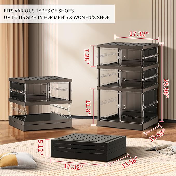 3 Tier Foldable Shoe Rack for Closet Entryway 3-6 Pairs Stackable Clear Shoe Storage Boxes with Lids Small Shoes Shelf with Door Plastic Organizer Cabinet Easy Assembly Black