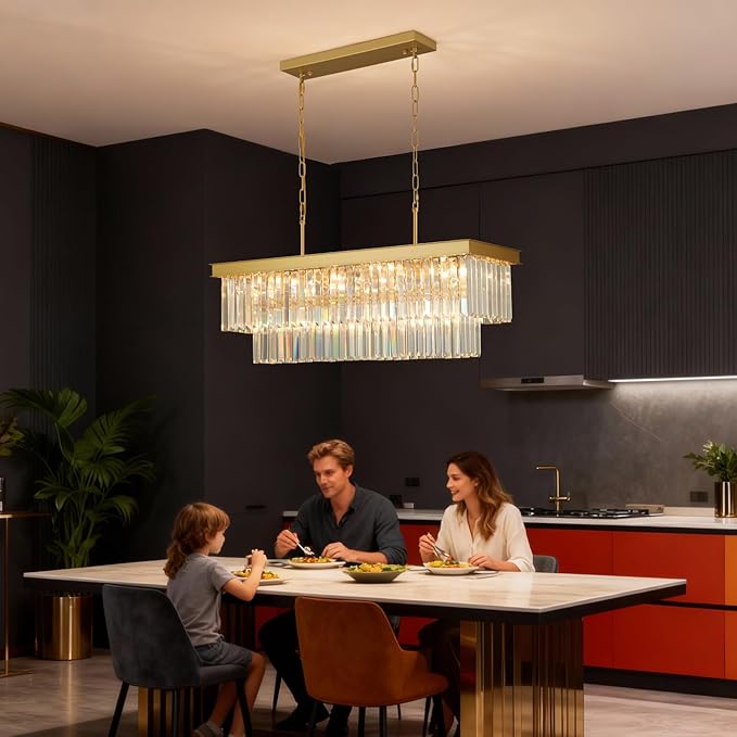 Crystal Chandeliers for Dining Room Light Fixtures Over Table，11-Lights Gold Modern Rectangle Chandeliers for Kitchen Island Bar L33.5 Inch