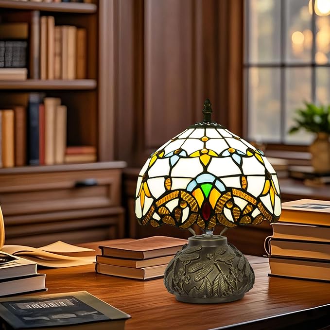 Small Tiffany Table Lamp,Stained Glass Lamp,8 Inch Mushroom Style Mini Vintage Desk Lights for Bedside, Bedroom,Nightstand,Living Room,3 Color Temperature (Baroque)