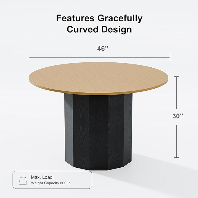 Casaphoria 46 inch Round Wood Dining Table for 4, Black Cylinder Pedestal Base, Modern Farmhouse Style, Kitchen & Dining Room Table