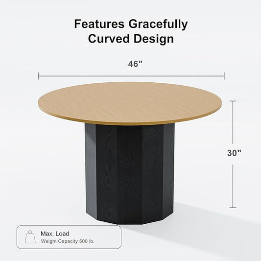 Casaphoria 46 inch Round Wood Dining Table for 4, Black Cylinder Pedestal Base, Modern Farmhouse Style, Kitchen & Dining Room Table