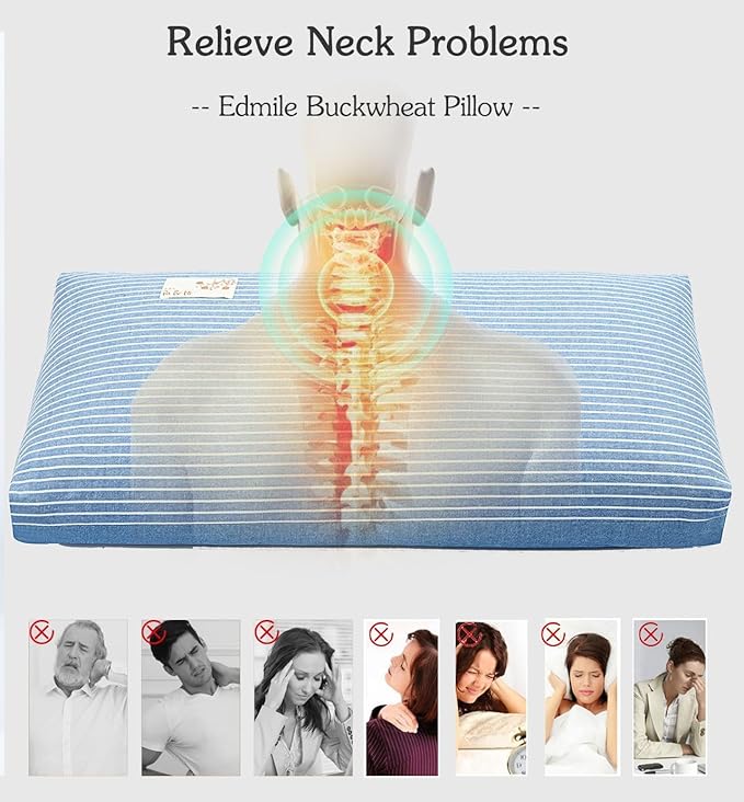 Buckwheat Pillows for Sleeping, Adjustable Hulls Firm Pillow Neck Head Back Shoulder Support for Pain Relief, Small Bed Pillow for Side Back Sleepers, Blue 19"X11"