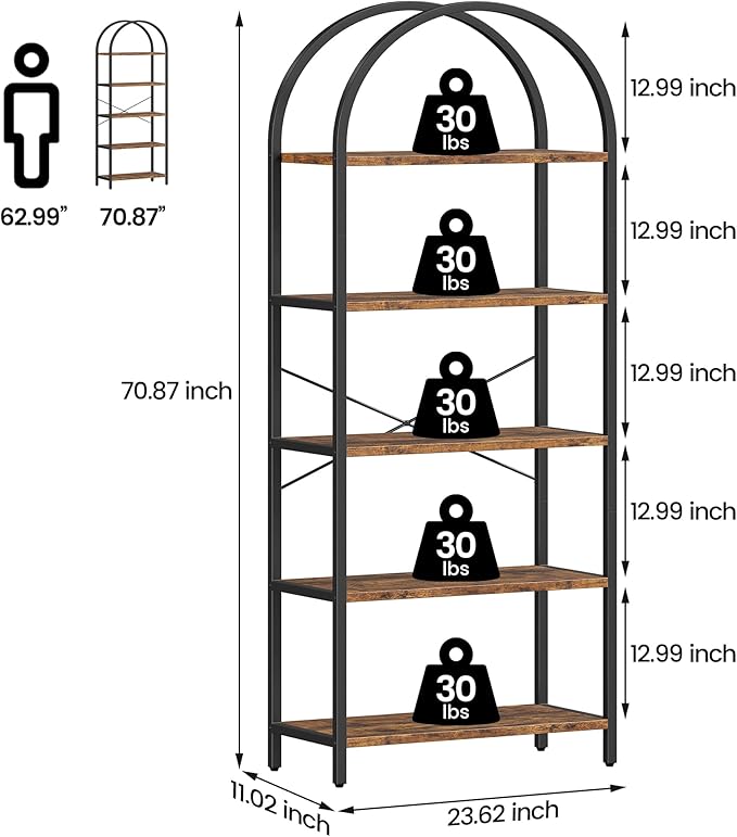 CABIHOME Bookshelf Tall Bookcase Arched Standing Bookshelves Modern Display Racks 5 Tier Storage Rack Shelf Large Wood Book Shelf for Bedroom, Living Room, Home Office