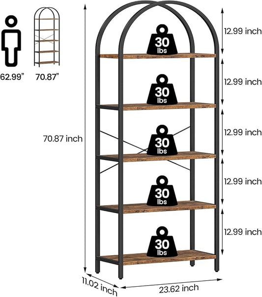 CABIHOME Bookshelf Tall Bookcase Arched Standing Bookshelves Modern Display Racks 5 Tier Storage Rack Shelf Large Wood Book Shelf for Bedroom, Living Room, Home Office