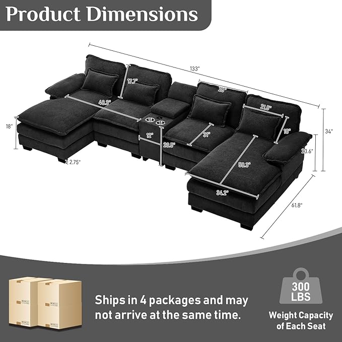 133" Oversized U Shaped Cloud Couch Modular Sectional Couches for Living Room Comfy Chenille Deep Seat Sofa Set with Double Chaise Lounge, Storage Central Console, Cup Holders, USB Port, Black