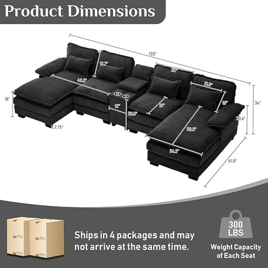 133" Oversized U Shaped Cloud Couch Modular Sectional Couches for Living Room Comfy Chenille Deep Seat Sofa Set with Double Chaise Lounge, Storage Central Console, Cup Holders, USB Port, Black