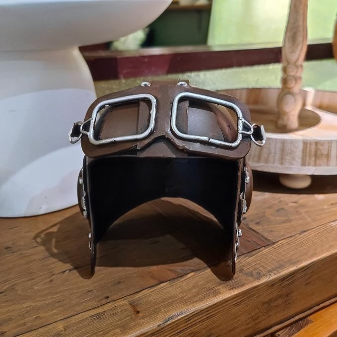 Replicate Fighter Pilot Helmet Miniature Model Figurine Decorative Metal Sculpture Handmade Vintage Style Aviator Hat Art Object Collectible Model Decor