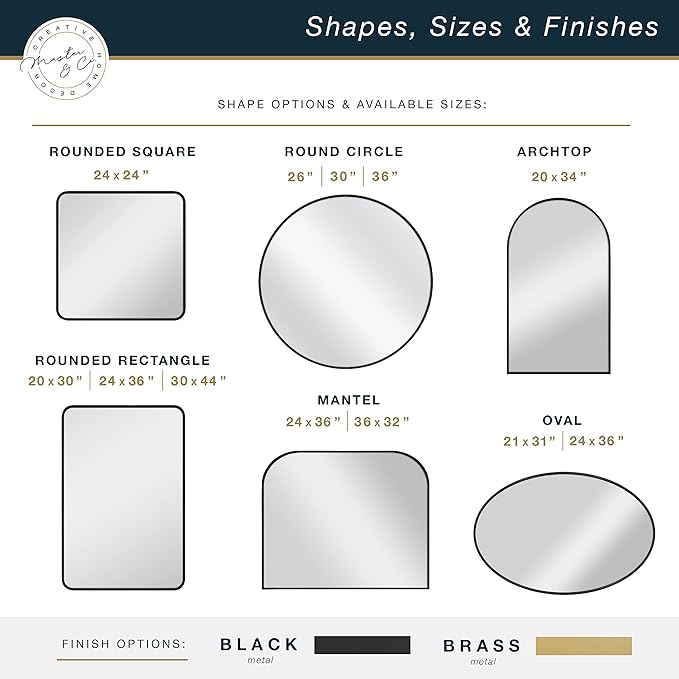 MCS Master & Co. Modern Metal Large Wall Mirror, Minimalist Home Decor Square Mirror with Rounded Corners for Living Room, Bedroom, or Bathroom, Brass, 24 x 24 in