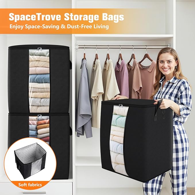 Clothes Storage Bags, 8-Pack Comforter Blanket Organizers, 80L Large Capacity Containers with Visual Window for Clothing, Quilt, Sheet, Pillow, Closet Organization for Bedding (Black)
