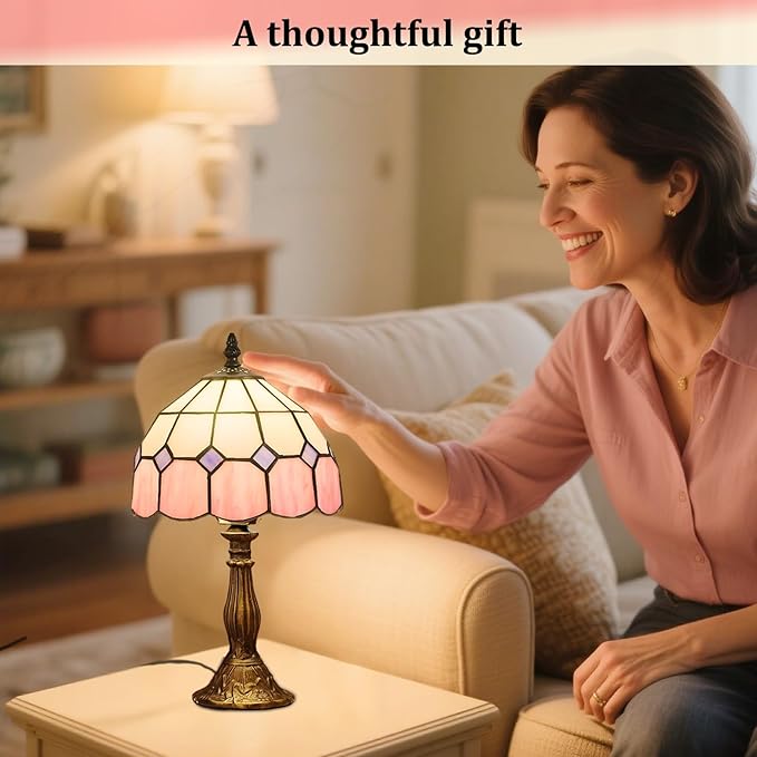 Table Lamp Tiffany-Style 8 Inch Mediterranean Series Stained Glass Lampshades Small Bedside Lamp Reading Antique Desk Light Livingroom Bedroom Office Vintage Art De(Color:Pink)
