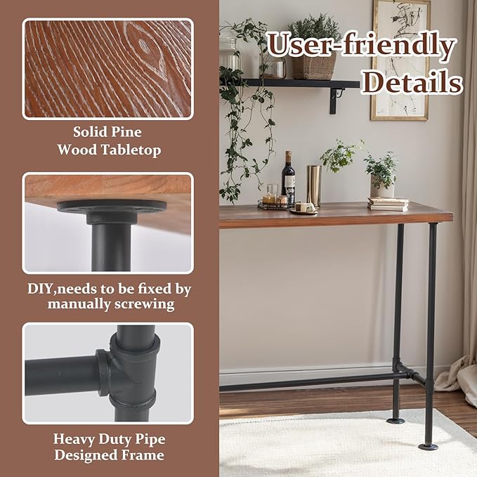 LOKKHAN Rectangular Dining Table for 4, (47.3" L x 41.3" H x 23.6" W), Heavy Duty Metal Pipe, Solid Wood Desktop, Home Kitchen Bar Office Cafe Pub, Rustic Industrial, Black & Brown