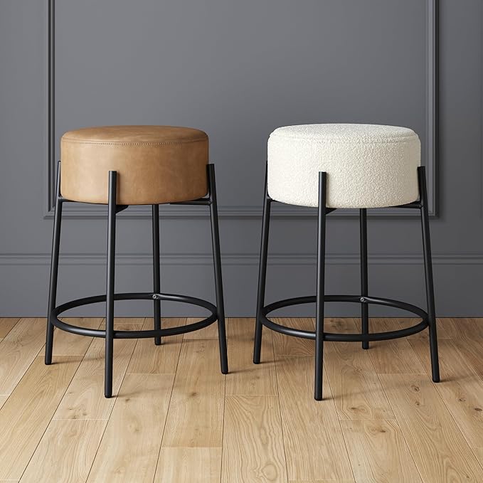 Nathan James Isaac 24" Modern Backless Bar Stool with Round Soft Padded Upholstered Seat and Metal Mid-Century Base, PU Light Brown/Black, Set of 2