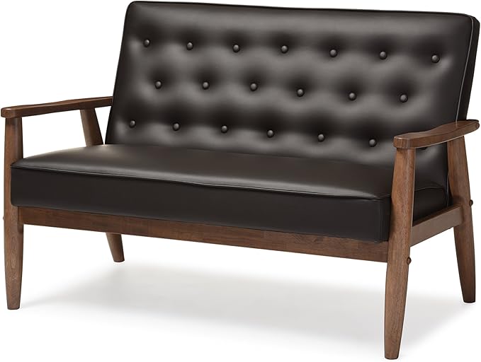 Baxton Studio Sorrento Faux Leather Upholstered Wooden 2-Seater Loveseat, Brown
