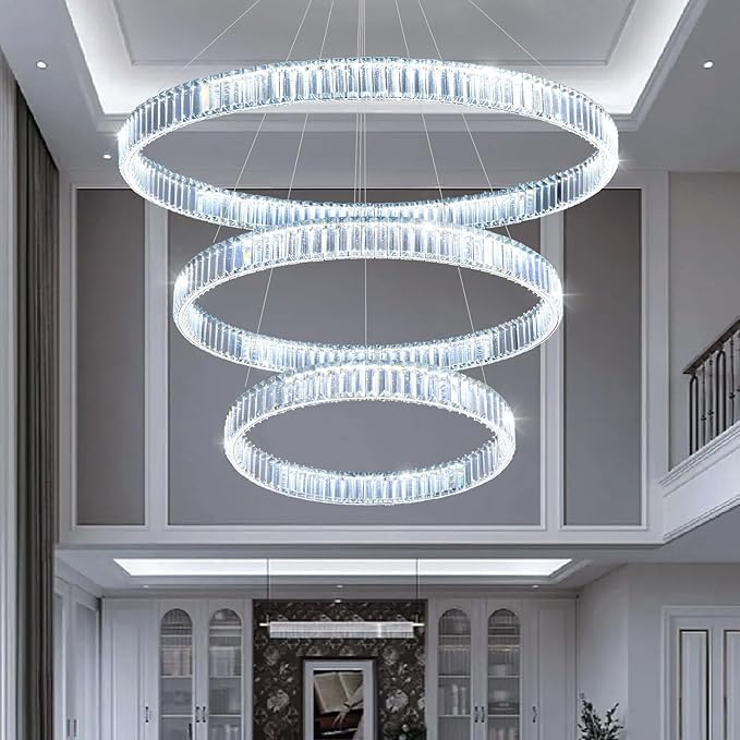 24''+32''+40'' Modern Ring Chandelier Crystal Chandeliers for Dining Room Round LED Dimmable Ceiling Light Fixture for Living Room Bedroom Lighting Silver