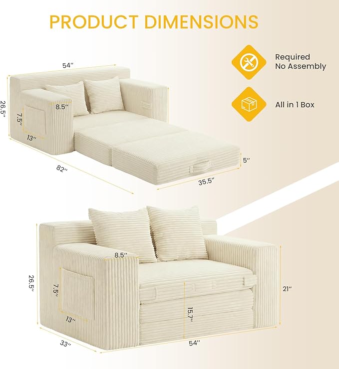 Boneless Couch,Boneless Loveseat Sleeper Sofa Bed – 3-in-1 Convertible Couch Bed with Side Pockets & Handle,Pull Out Corduroy Futon for Small Space,Living Room & Bedroom,2 Pillows Included,No Assembly