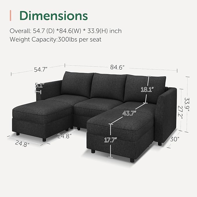 HONBAY Modular Sectional Sofa with Storage U Shaped Sectional Sofa, Convertible Couches for Living Room - Linen Grey
