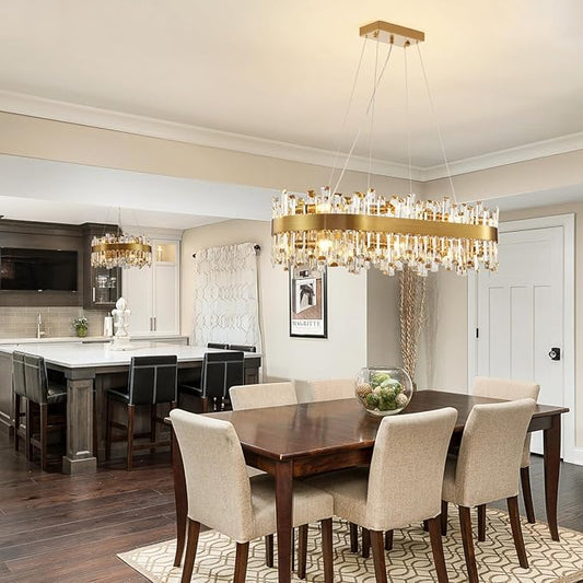 CROSSIO Modern Crystal Chandelier, 16-Light Rectangular Gold Crystal Chandelier for Dining Room, Luxury Oval 2-Tiers K9 Crystal Flush Mount Pendant Ceiling Light for Living Room Kitchen Island L35.4''