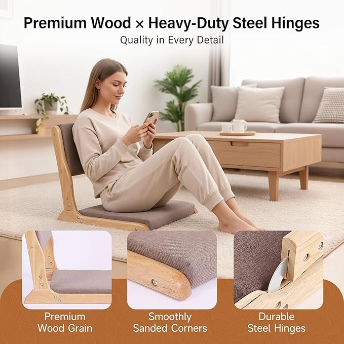 Tiita Tatami Foldable Meditation Floor Chair, Folding Floor Chairs Seat, Portable Japanese Legless Chair, Lazy Sofa for Bay Window Reading, Back Rest Chairs with Cushion, Wood Grey