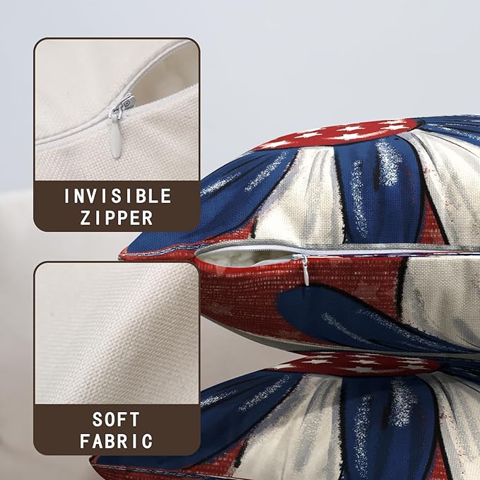 4th of July Patriotic Pillow Covers 16x16 Set of 2 Red White Blue Flower Stars Fourth of July Decorative Pillow Cases Independence Memorial Day Outdoor Cushion Cover for Home Couch Sofa