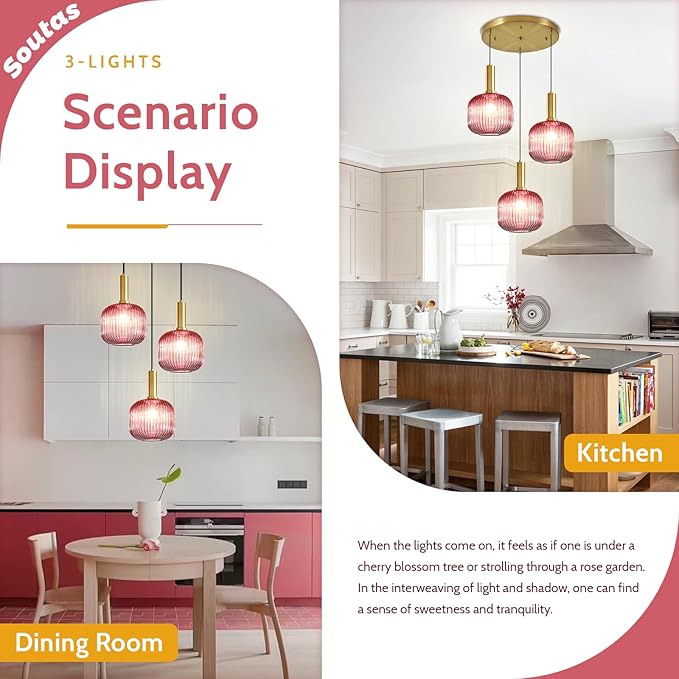 3-Light Glass Pendant Chandelier Pink Pendant Light Vintage Cluster Pendant Lights Kitchen Island Gold Light Fixtures Ceiling Hanging Dining Room Lights Over Table Lighting