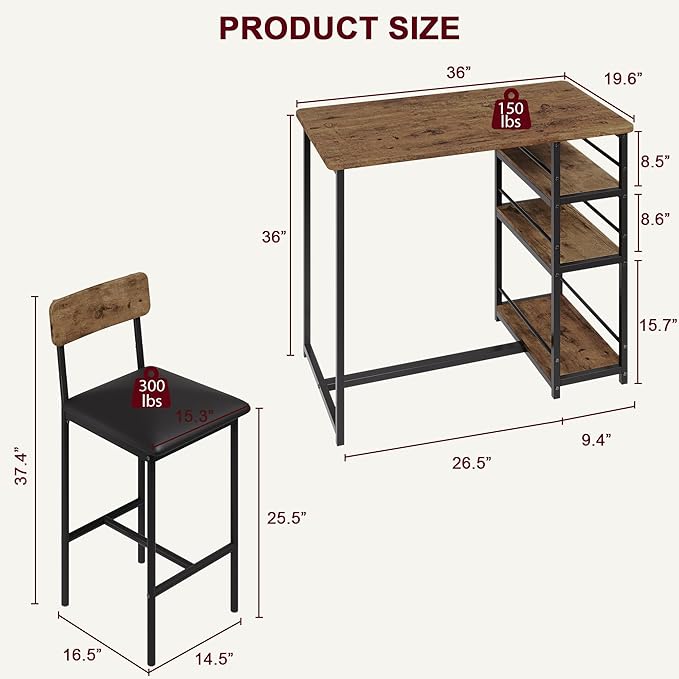 IDEALHOUSE Dining Table Set for 2, Counter Height Kitchen Table and Chairs, Bar Table Set with 2 Upholstered Bar Stools, 3 Piece Dining Room Table Set for Small Space, Apartment, Retro Brown
