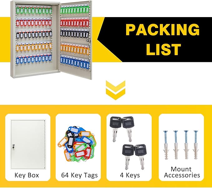 Furnishh Key Lock Box Wall Mount 64 Position Metal Locking Key Cabinet Organizer with Key Tags Key Safe Security Storage Lockbox Holder for Valets, Hotels, Car and House Keys, Key Keeper Box - White