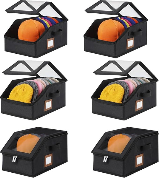 6 Pack Hat Storage for Baseball Caps-Holds Up to 56 Caps, Hat Organizer for Closet Stackable Hat Box with Cardboard, Dust-proof Beanie organizer with 2 Handles for Home Travel (Black, 6Pack-Small)