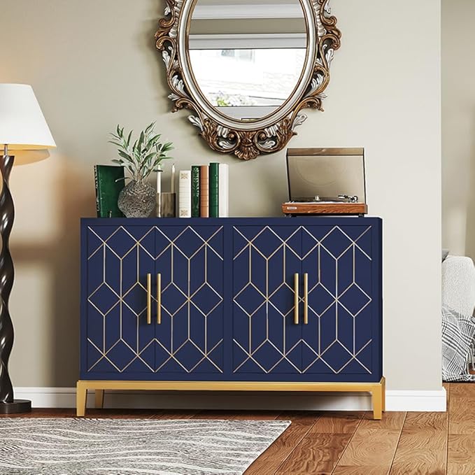 47.8" Storage Accent Cabinet with 4 Doors, Modern Sideboard Buffet Cabinet with Gold Lines, Wood Decorative Credenza with Storage for Living Room, Kitchen, Dining Room, Entryway, Blue