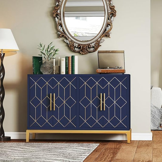 47.8" Storage Accent Cabinet with 4 Doors, Modern Sideboard Buffet Cabinet with Gold Lines, Wood Decorative Credenza with Storage for Living Room, Kitchen, Dining Room, Entryway, Blue