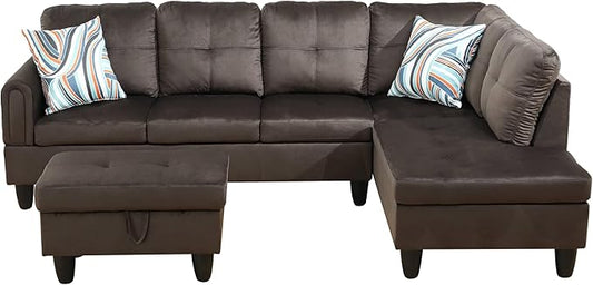 97" L-Shape Sectional Sofa Set, 3 Piece Living Room Couch with Storage Ottoman & Right Chaise Lounge, Faux Leather Button Tufted Upholstered Corner Couch for Home, Apartment, Dark Brown