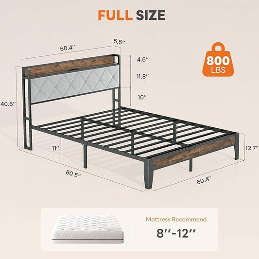 Sweetcrispy Full Bed Frame with Headboard, Storage Headboard with USB Charging Station, Durable Squeak-Free Frame, Simple No-Tool Assembly,Works with Full Mattress No Box Spring Needed