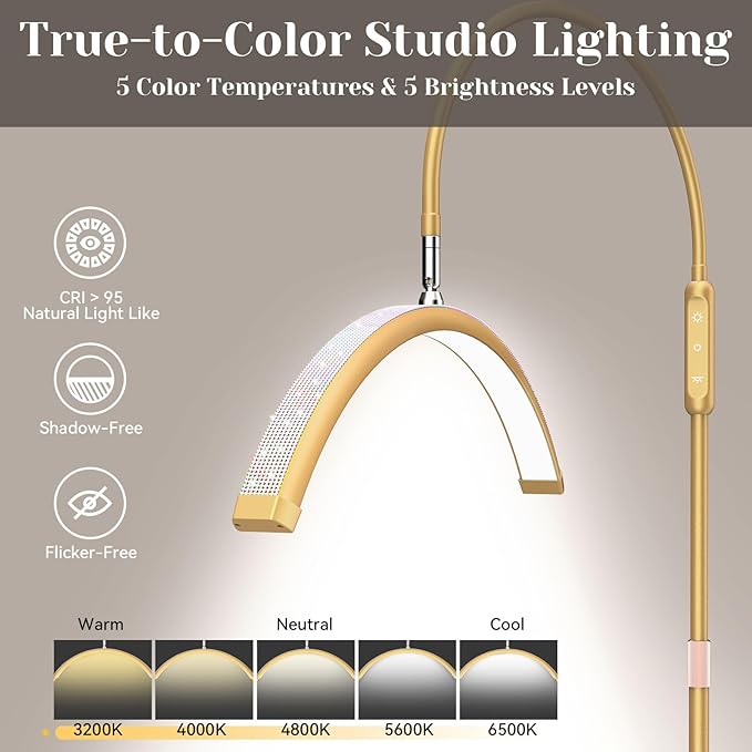 Bling Lash Light for Eyelash Tech, Flexible Neck Led Half Moon Light Floor Lamp for Extensions Tattoo Artists, Professional Shadow-Free Esthetician Light with Stand Tray, Crystal Diamond Gold