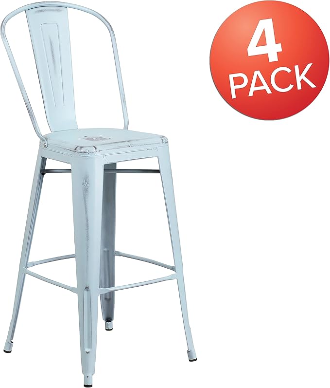Flash Furniture Blake Commercial Grade 4 Pack 30" High Distressed Green-Blue Metal Indoor-Outdoor Barstool with Back